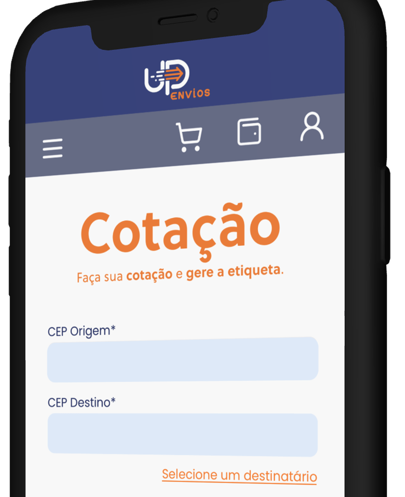 Celular com tela do aplicativo UP Envios