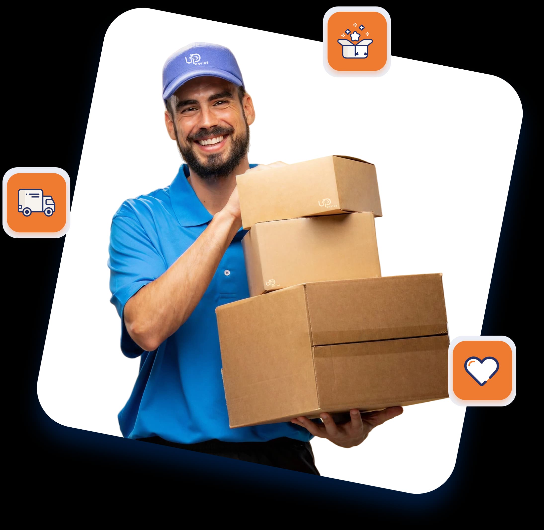 Homem de camiseta laranja segurando caixas com o logotipo UP Envios
